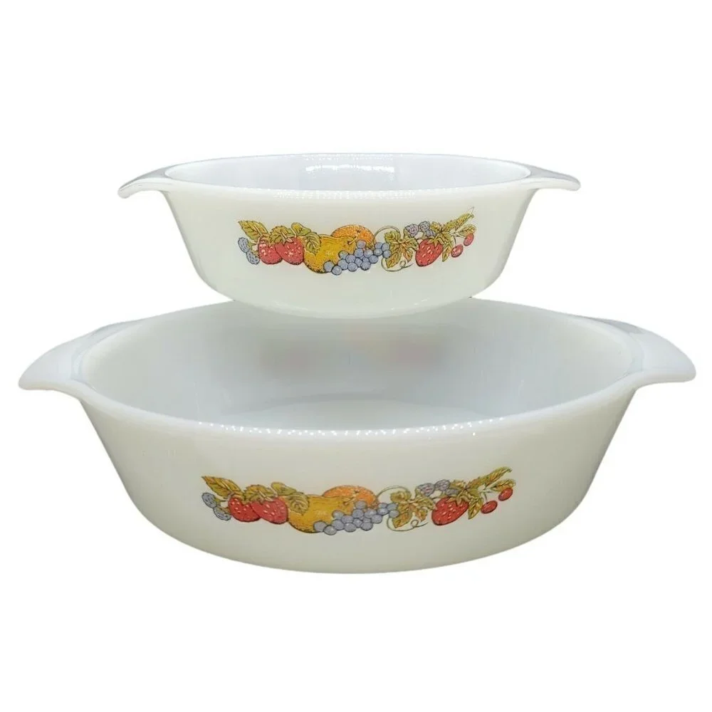 2 Vintage Anchor Hocking Fire King Casserole Dish Nature's Bounty Fruit Pattern